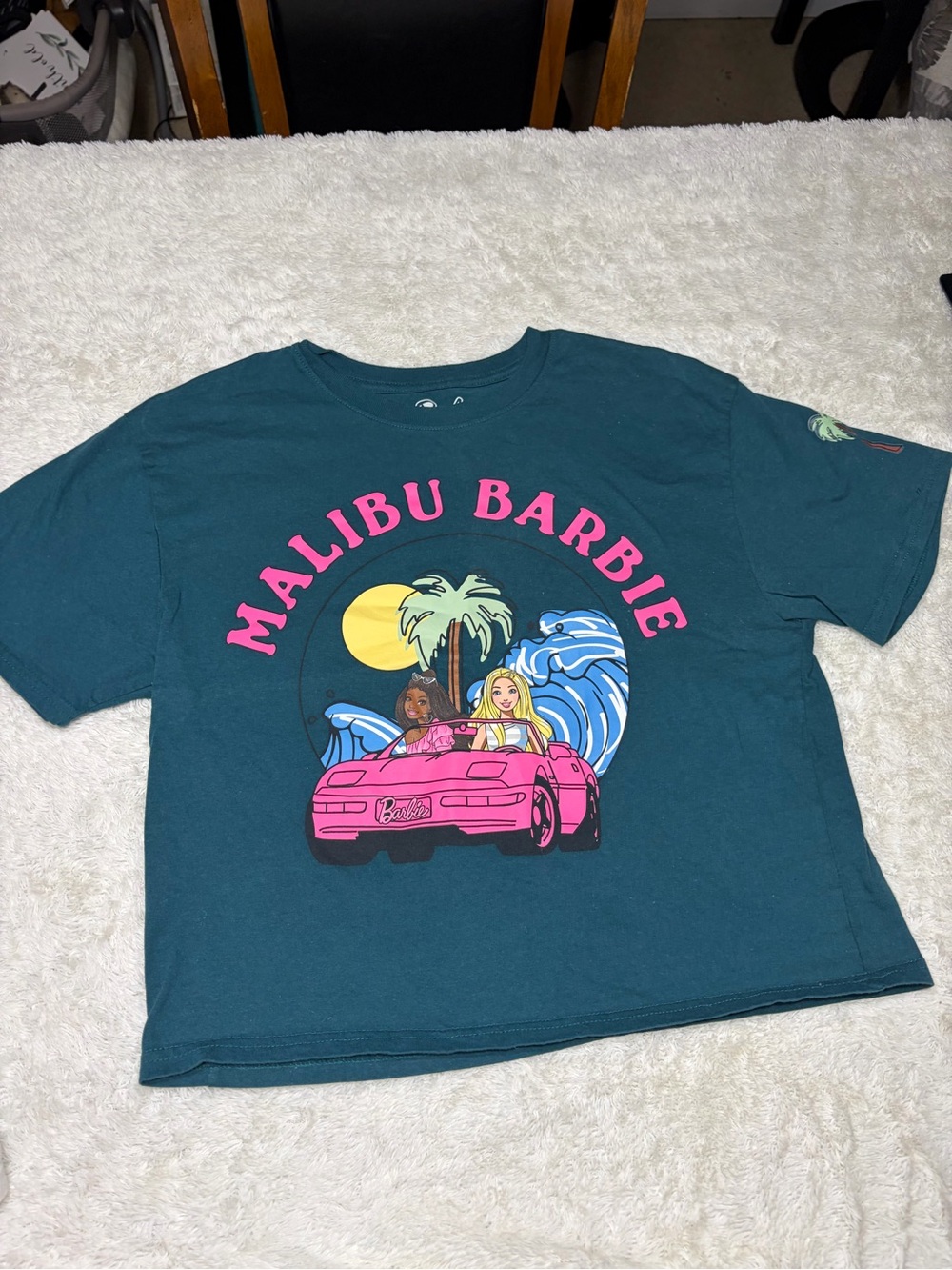Mattel Malibu Barbie Logo Green Graphic Print Short Sleeve T-Shirt Womens M Crop